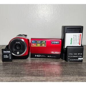 Y-Blue Sky Tested HD Video 16MP Digital Compact Red Camcorder W/ Accessories